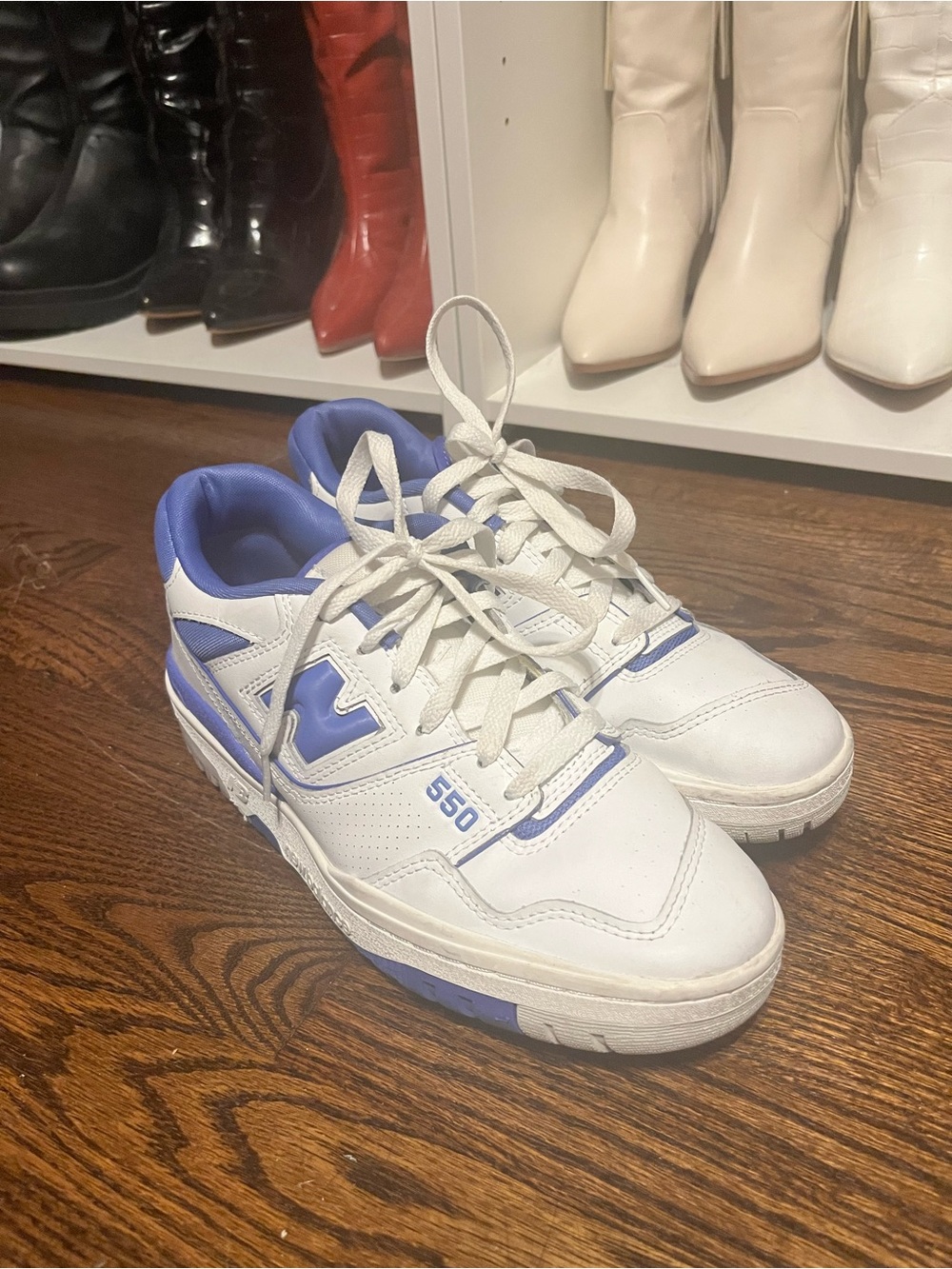 New Balance White and Blue 550s Sneakers